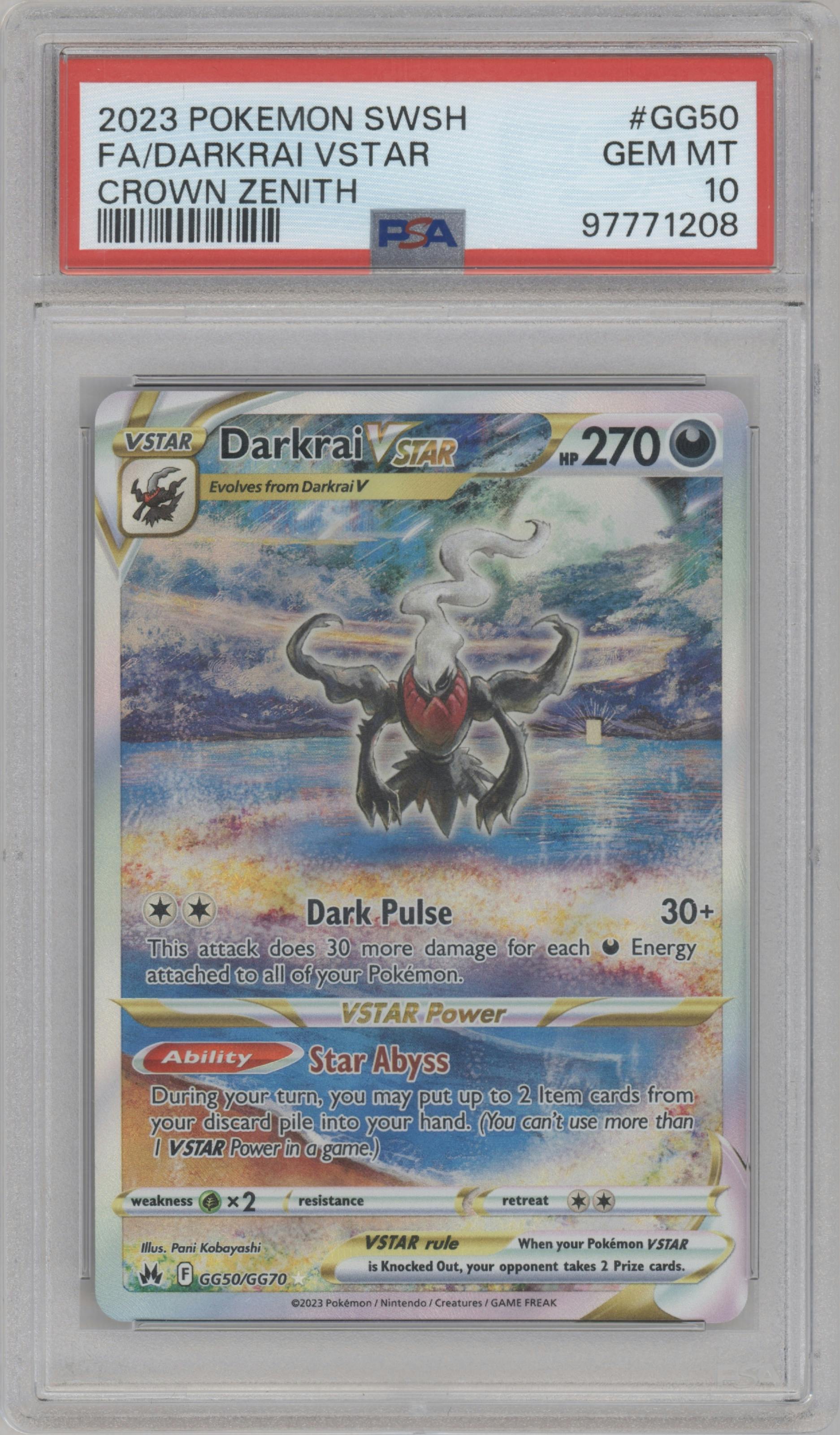 Darkrai VSTAR from the 2023 Pokemon SWSH set graded by PSA and given an overall grade of 10.