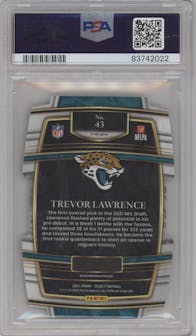 Trevor Lawrence from the 2021 Panini Select set featuring a Die-Cut Zebra parallel graded by PSA and given an overall grade of 9.
