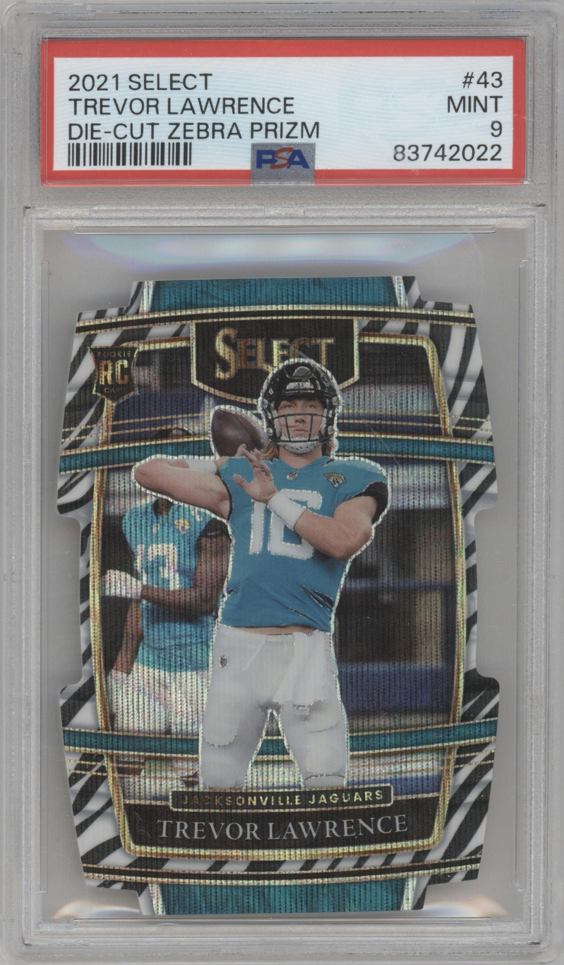 Trevor Lawrence from the 2021 Panini Select set featuring a Die-Cut Zebra parallel graded by PSA and given an overall grade of 9.