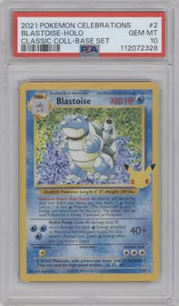 Blastoise from the 2021 Pokemon SWSH set featuring a Base Set parallel graded by PSA and given an overall grade of 10.