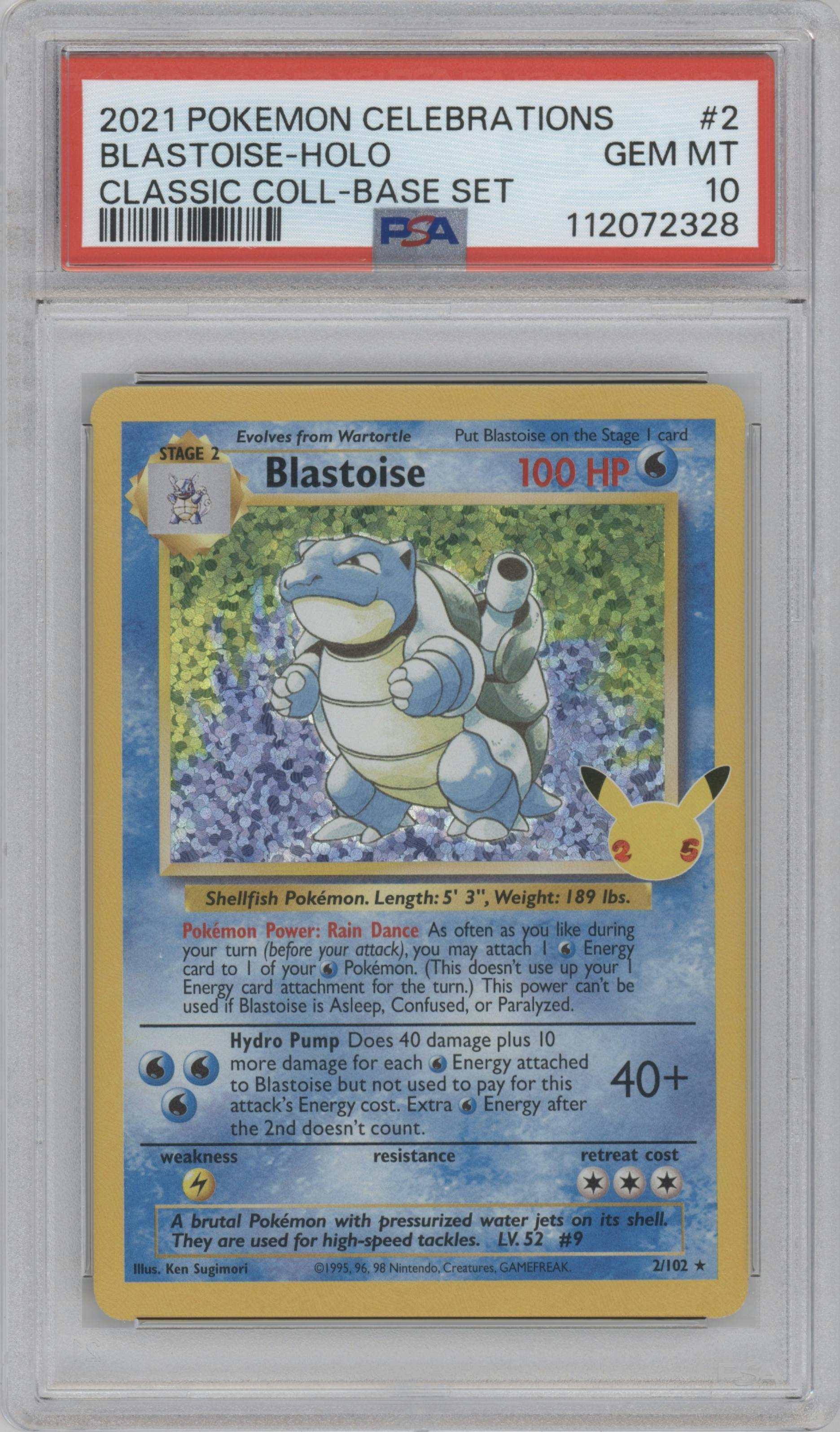 Blastoise from the 2021 Pokemon SWSH set featuring a Base Set parallel graded by PSA and given an overall grade of 10.