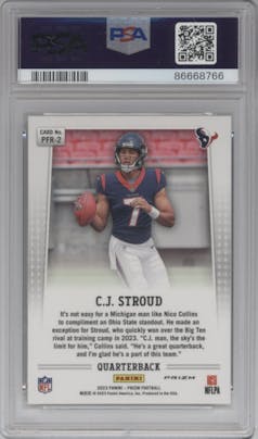 C.J. Stroud from the 2023 Panini Prizm set featuring a No Huddle parallel graded by PSA and given an overall grade of 10.