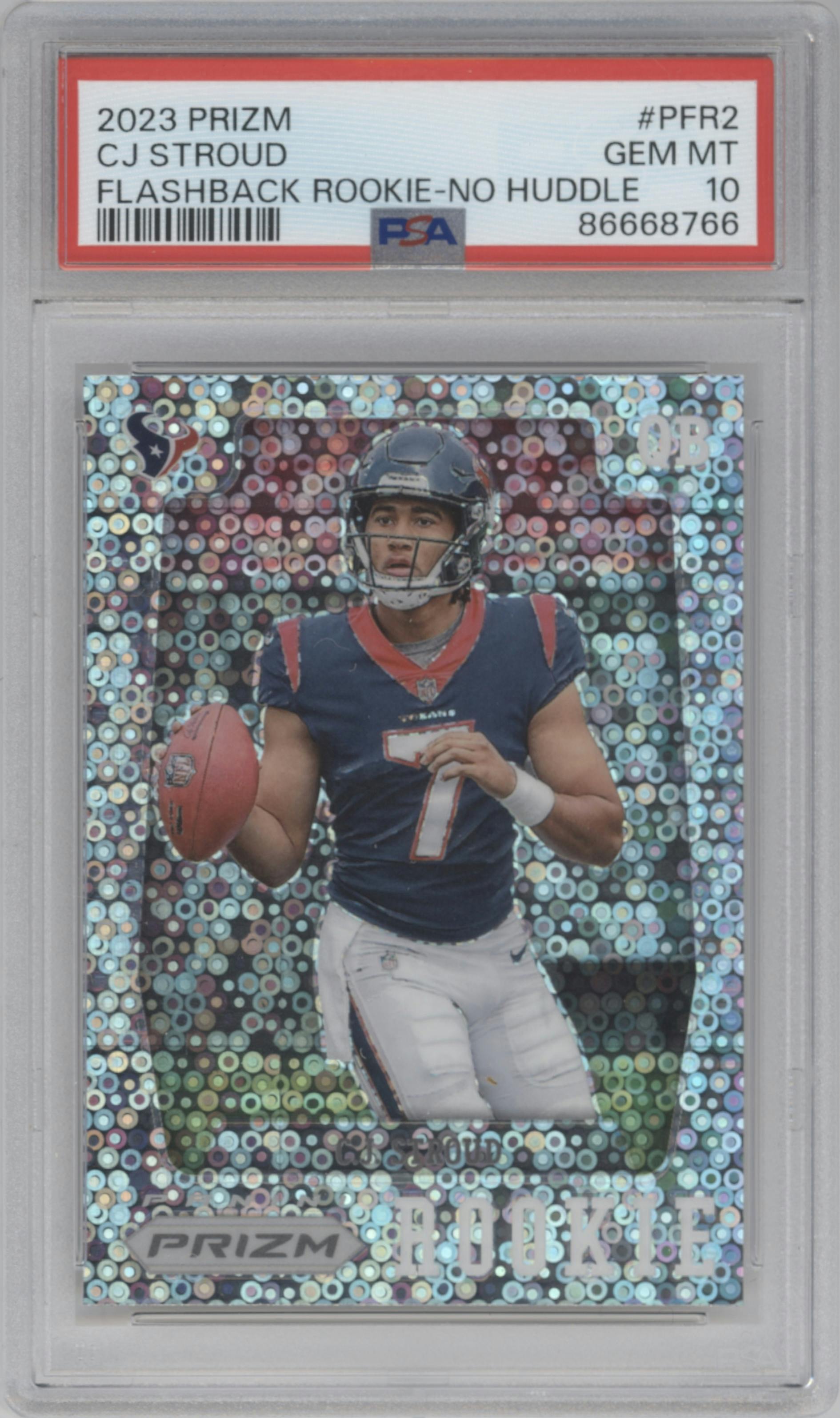 C.J. Stroud from the 2023 Panini Prizm set featuring a No Huddle parallel graded by PSA and given an overall grade of 10.