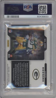 Aaron Rodgers from the 2020 Panini Obsidian set graded by PSA and given an overall grade of 9.