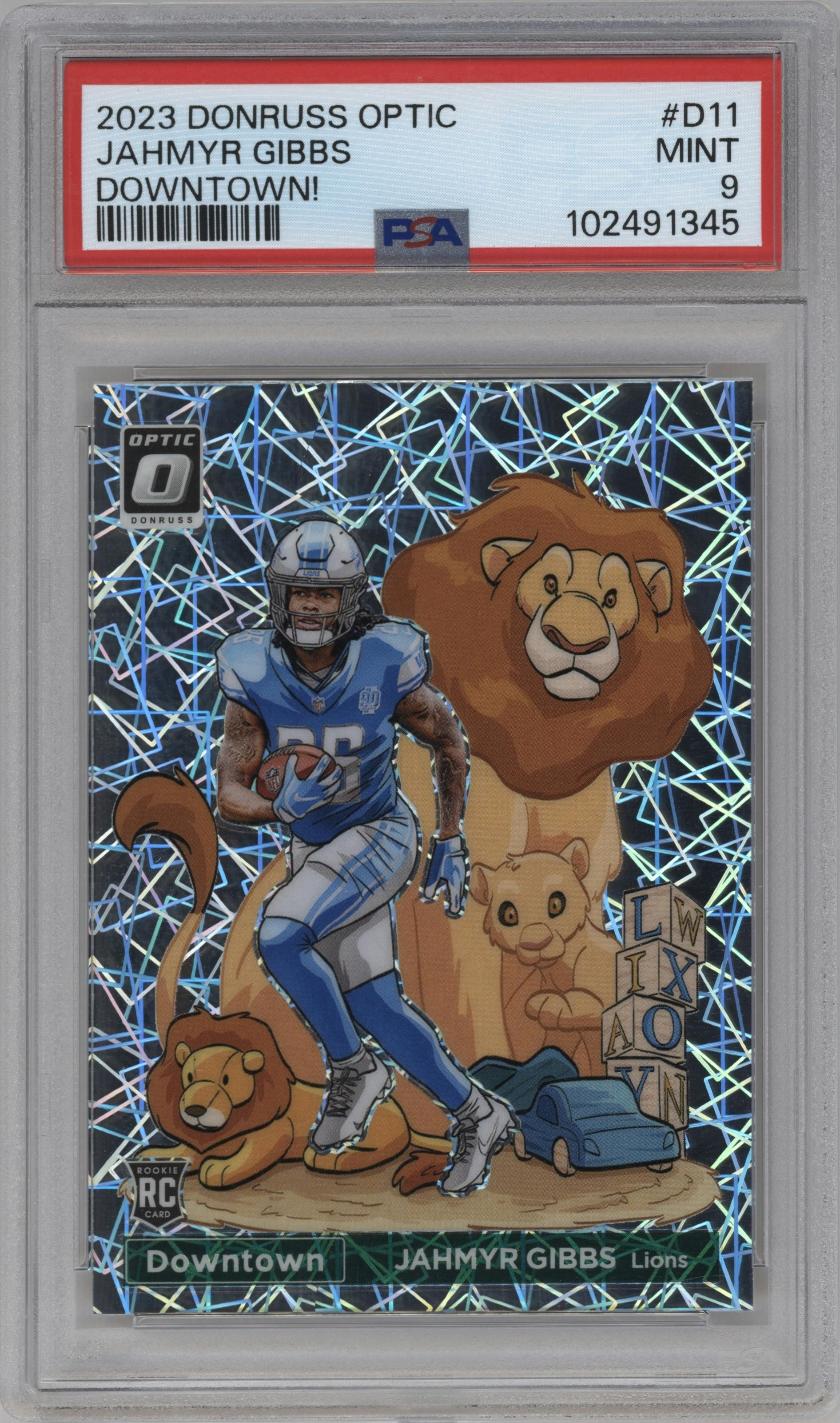 Jahmyr Gibbs from the 2023 Donruss Optic set graded by PSA and given an overall grade of 9.