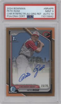 Pete Rose from the 2024 Bowman set featuring a Orange Refractor parallel graded by PSA and given an overall grade of 9.