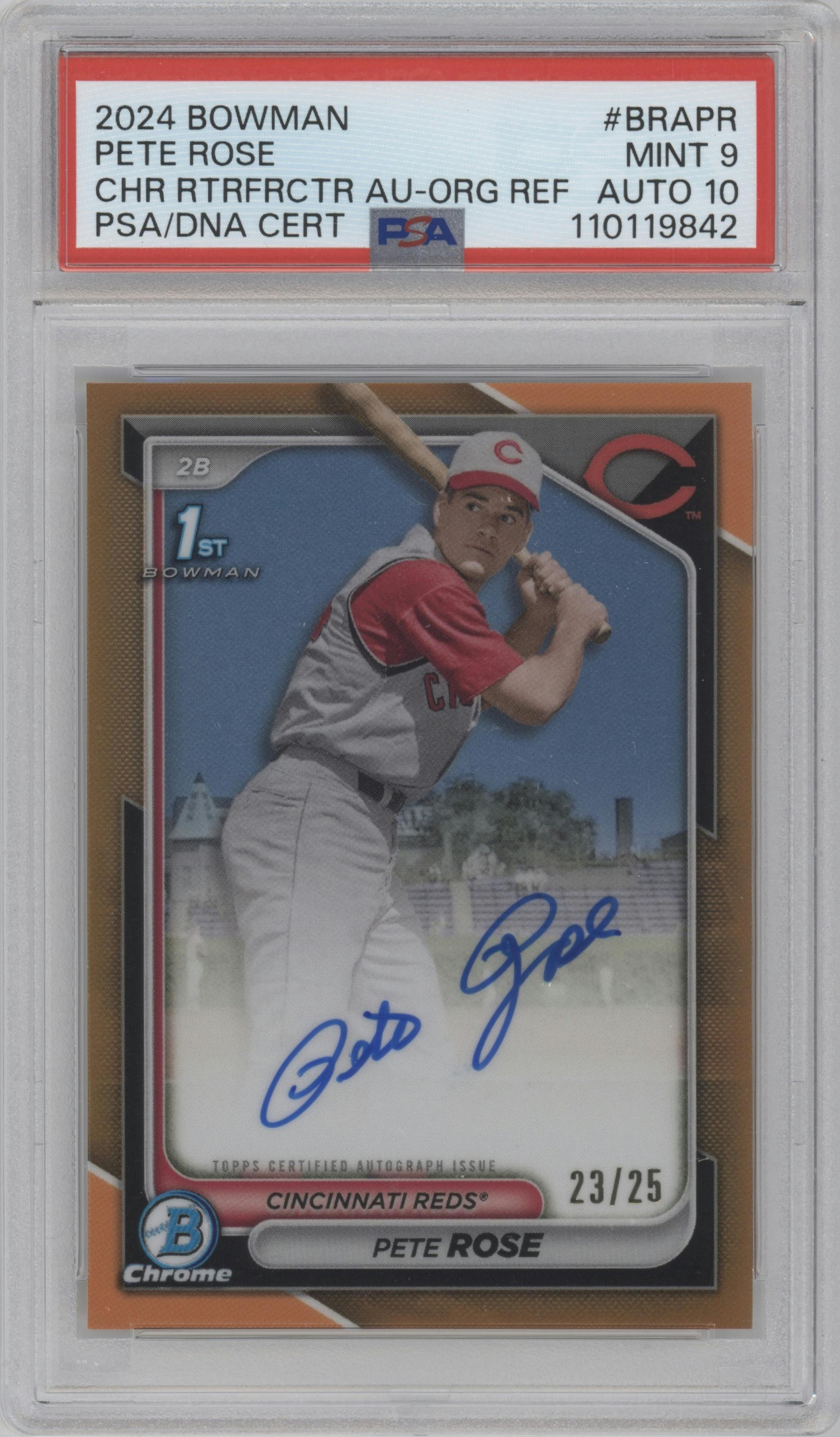 Pete Rose from the 2024 Bowman set featuring a Orange Refractor parallel graded by PSA and given an overall grade of 9.