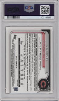 Pete Rose from the 2024 Bowman set featuring a Orange Refractor parallel graded by PSA and given an overall grade of 9.