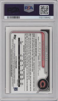 Pete Rose from the 2024 Bowman set featuring a Orange Refractor parallel graded by PSA and given an overall grade of 9.