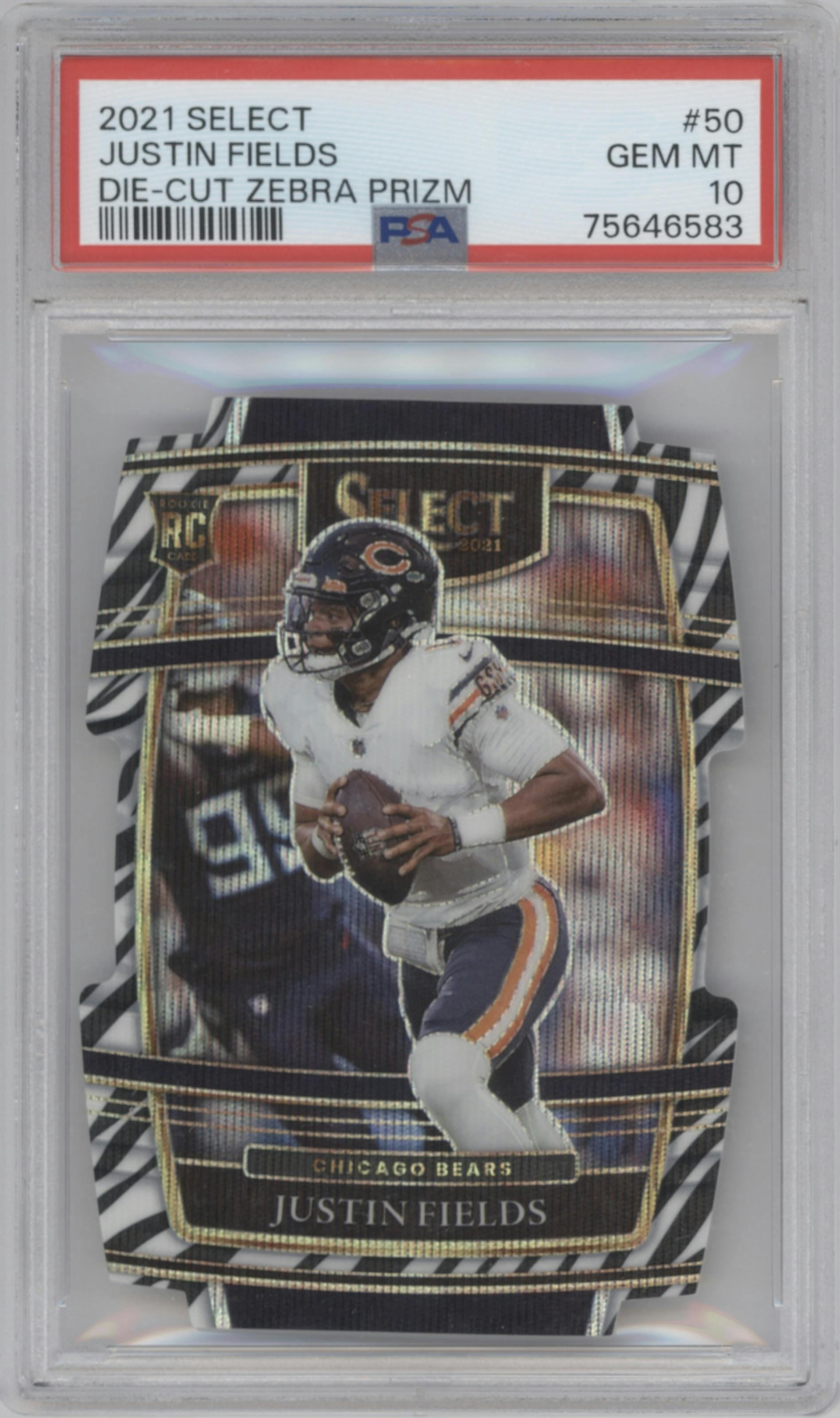 Justin Fields from the 2021 Panini Select set featuring a Die-Cut Zebra parallel graded by PSA and given an overall grade of 10.