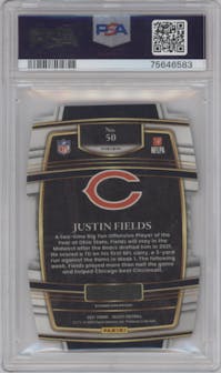 Justin Fields from the 2021 Panini Select set featuring a Die-Cut Zebra parallel graded by PSA and given an overall grade of 10.