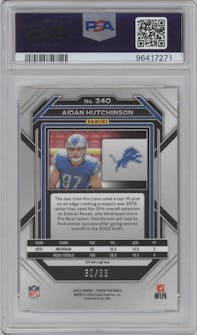 Aidan Hutchinson from the 2022 Panini Prizm set featuring a Blue Ice parallel graded by PSA and given an overall grade of 9.