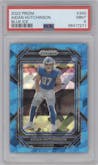 Aidan Hutchinson from the 2022 Panini Prizm set featuring a Blue Ice parallel graded by PSA and given an overall grade of 9.