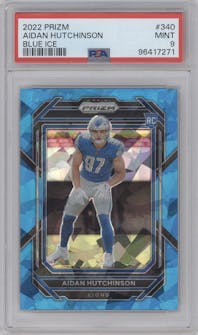 Aidan Hutchinson from the 2022 Panini Prizm set featuring a Blue Ice parallel graded by PSA and given an overall grade of 9.