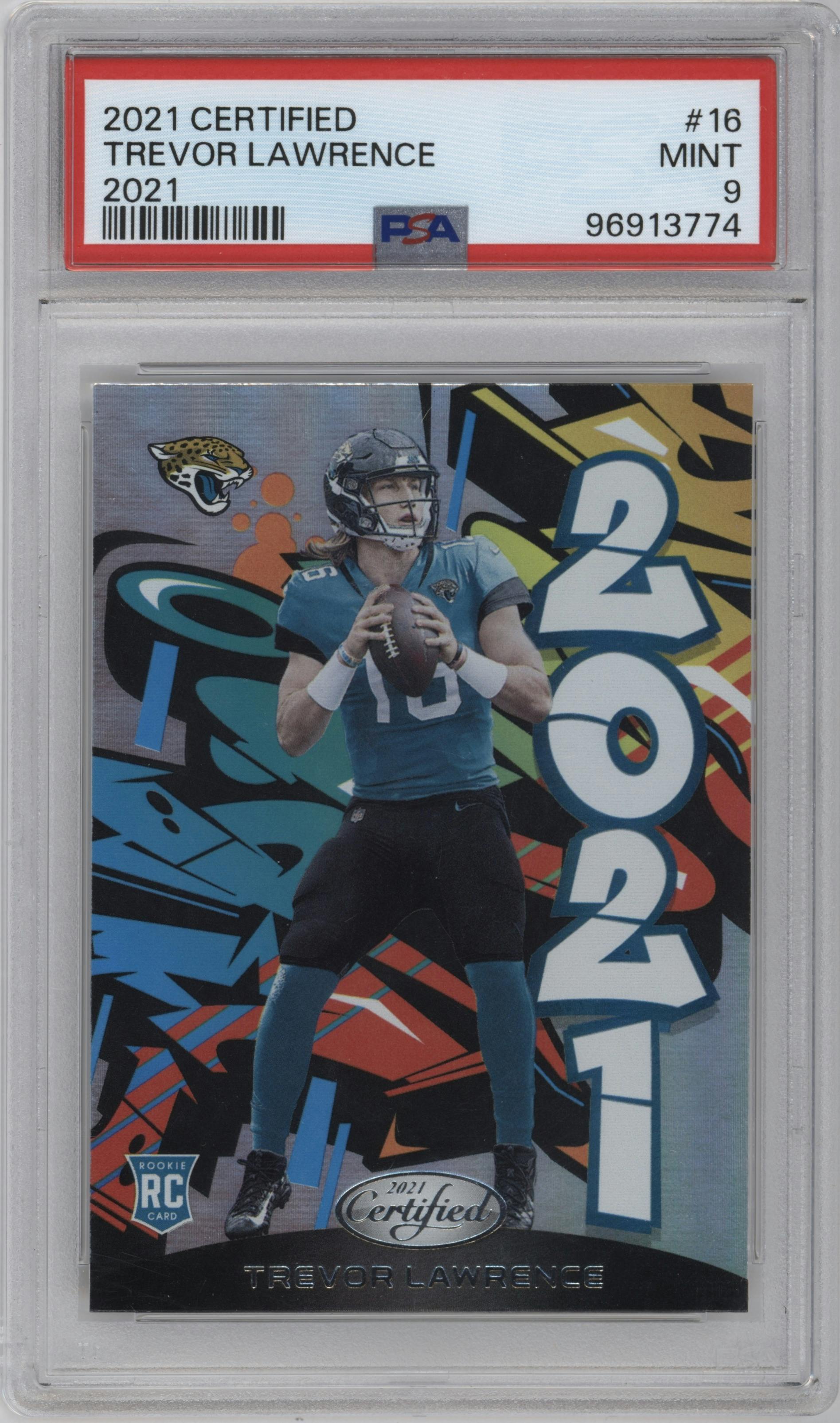 Trevor Lawrence from the 2021 Panini Certified set graded by PSA and given an overall grade of 9.