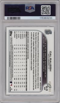 Cal Raleigh from the 2022 Topps Chrome set featuring a Refractor parallel graded by PSA and given an overall grade of 9.