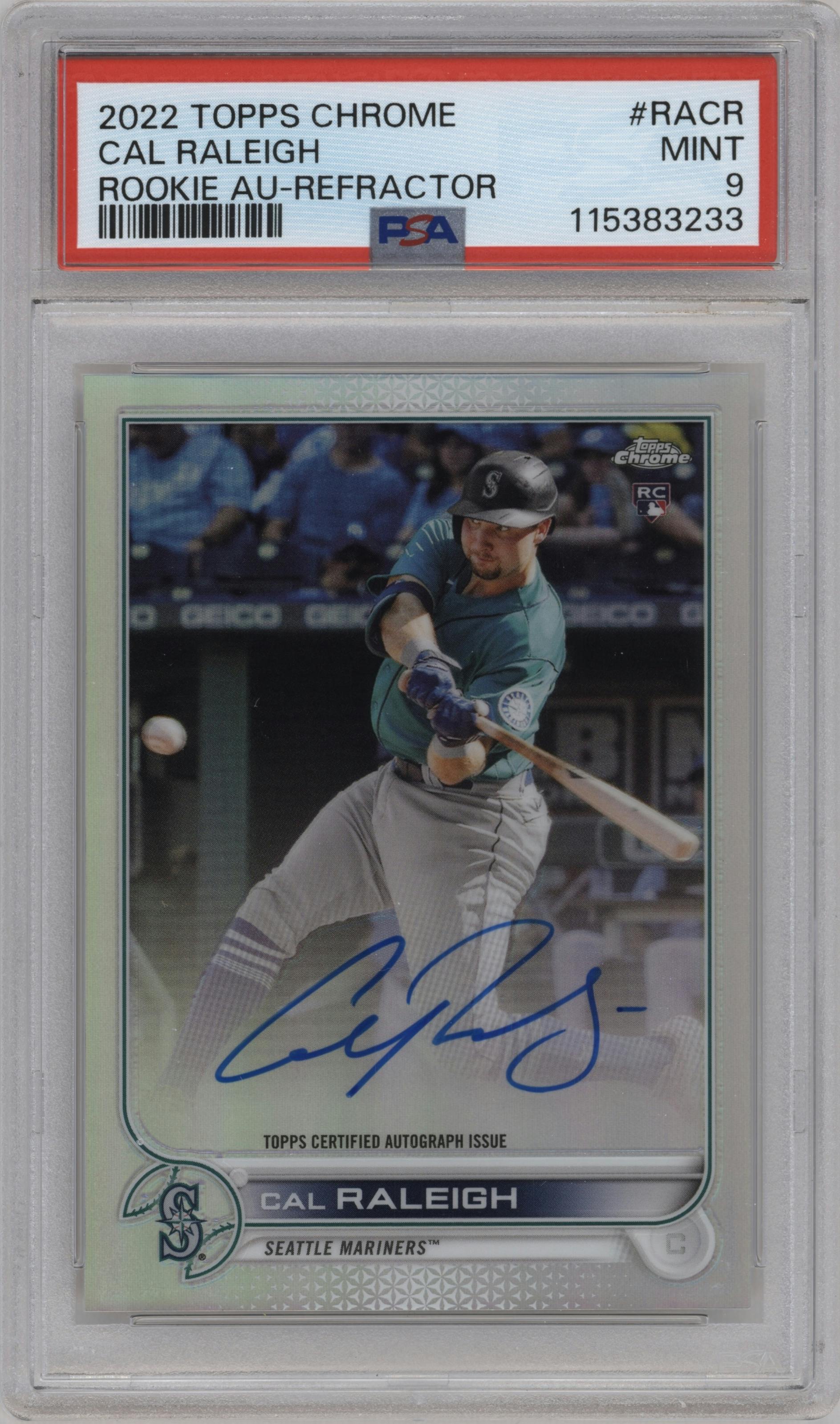 Cal Raleigh from the 2022 Topps Chrome set featuring a Refractor parallel graded by PSA and given an overall grade of 9.