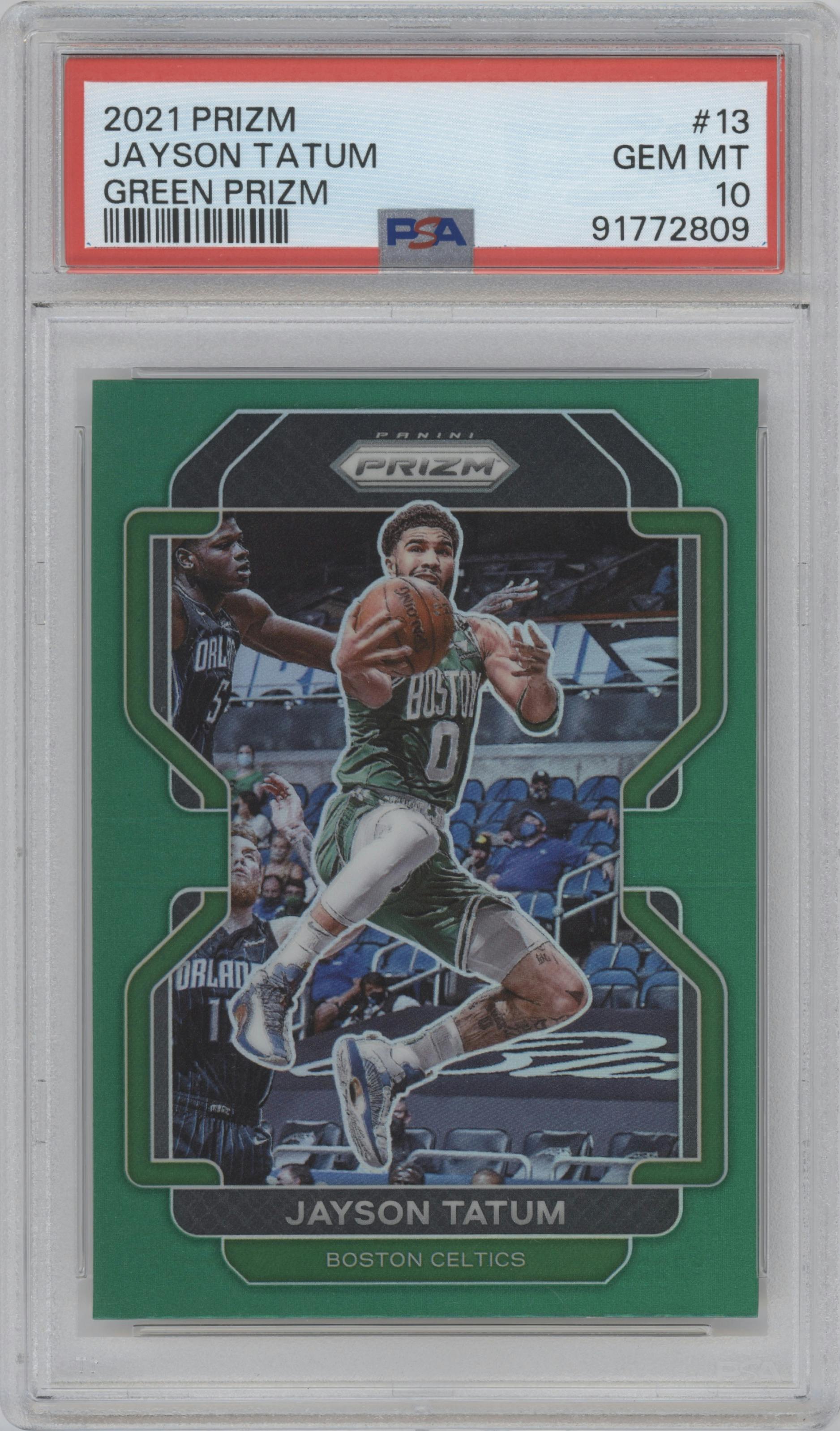 Jayson Tatum from the 2021-22 Panini Prizm  set featuring a Green Prizm parallel graded by PSA and given an overall grade of 10.