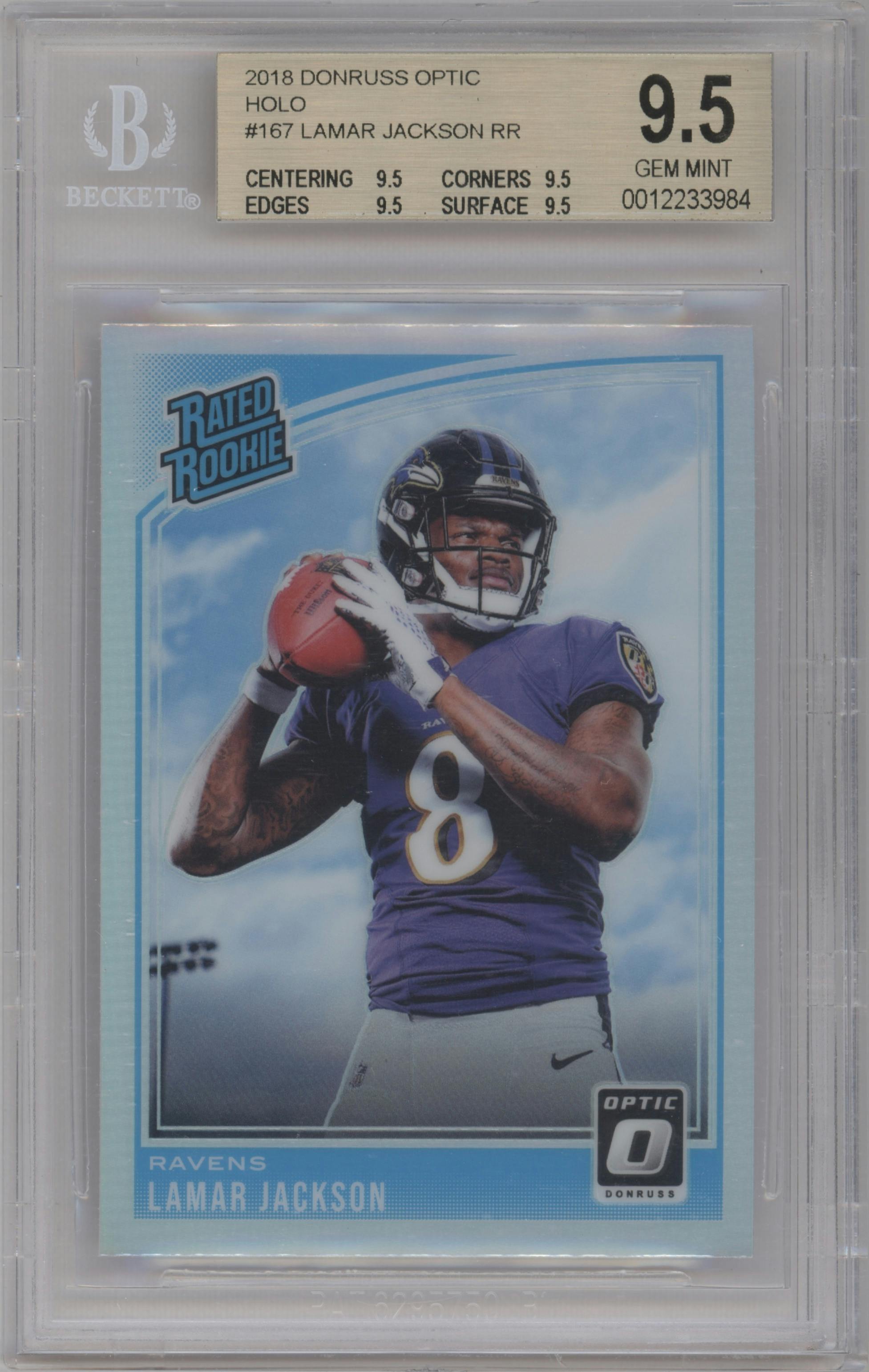 Lamar Jackson from the 2018 Panini Donruss Optic set featuring a Holo parallel graded by Beckett and given an overall grade of 9.5.