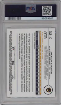 Jackson Chourio from the 2024 Topps Chrome Sapphire set featuring a Gold parallel graded by PSA and given an overall grade of 10.