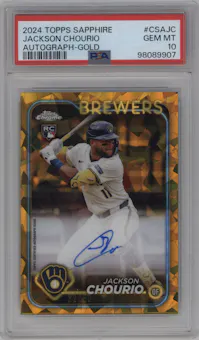 Jackson Chourio from the 2024 Topps Chrome Sapphire set featuring a Gold parallel graded by PSA and given an overall grade of 10.