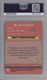 Allen Iverson from the 1997-98 Bowman's Best set featuring a Refractor parallel graded by PSA and given an overall grade of 8.