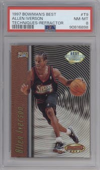 Allen Iverson from the 1997-98 Bowman's Best set featuring a Refractor parallel graded by PSA and given an overall grade of 8.