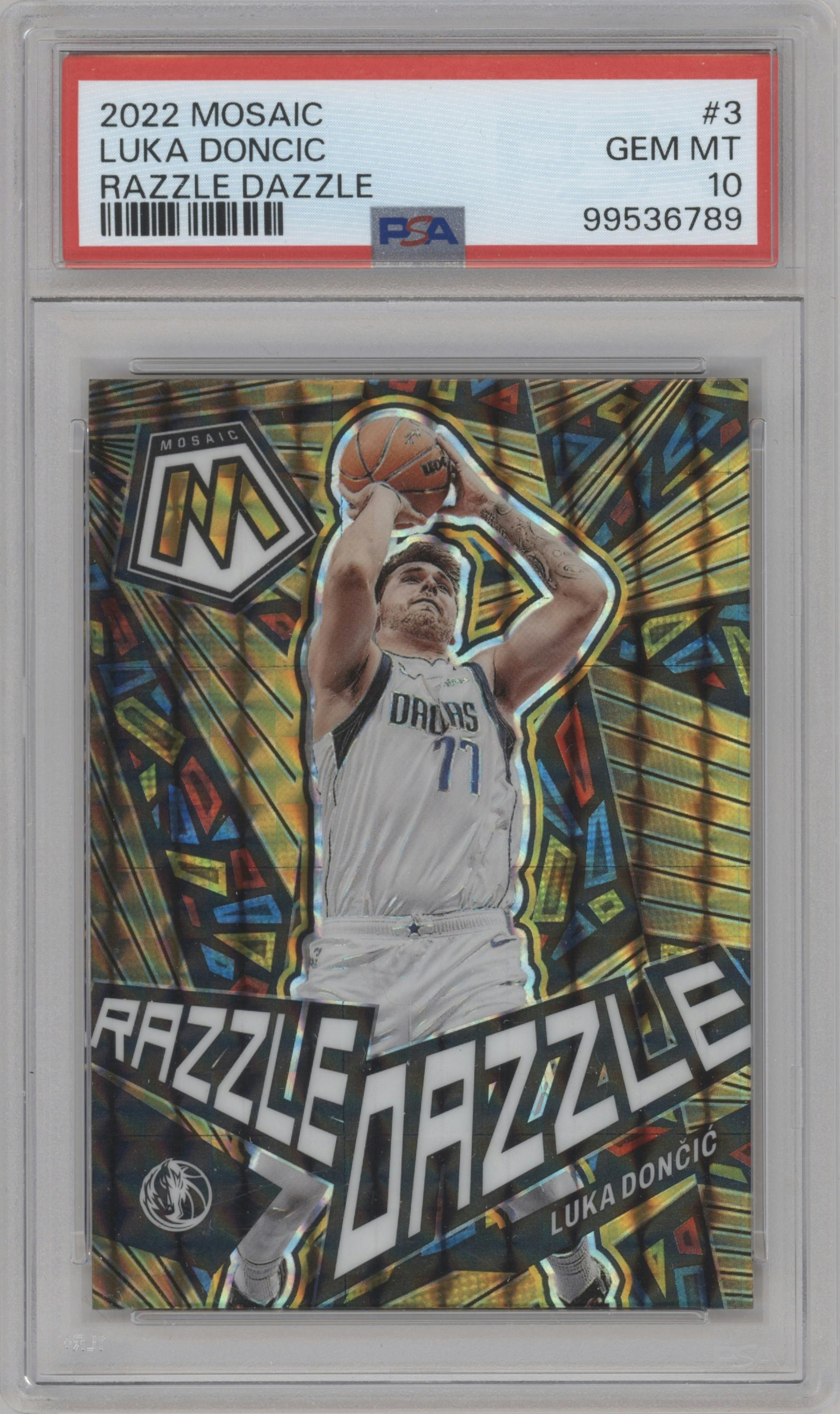 Luka Doncic from the 2022-23 Panini Mosaic set graded by PSA and given an overall grade of 10.
