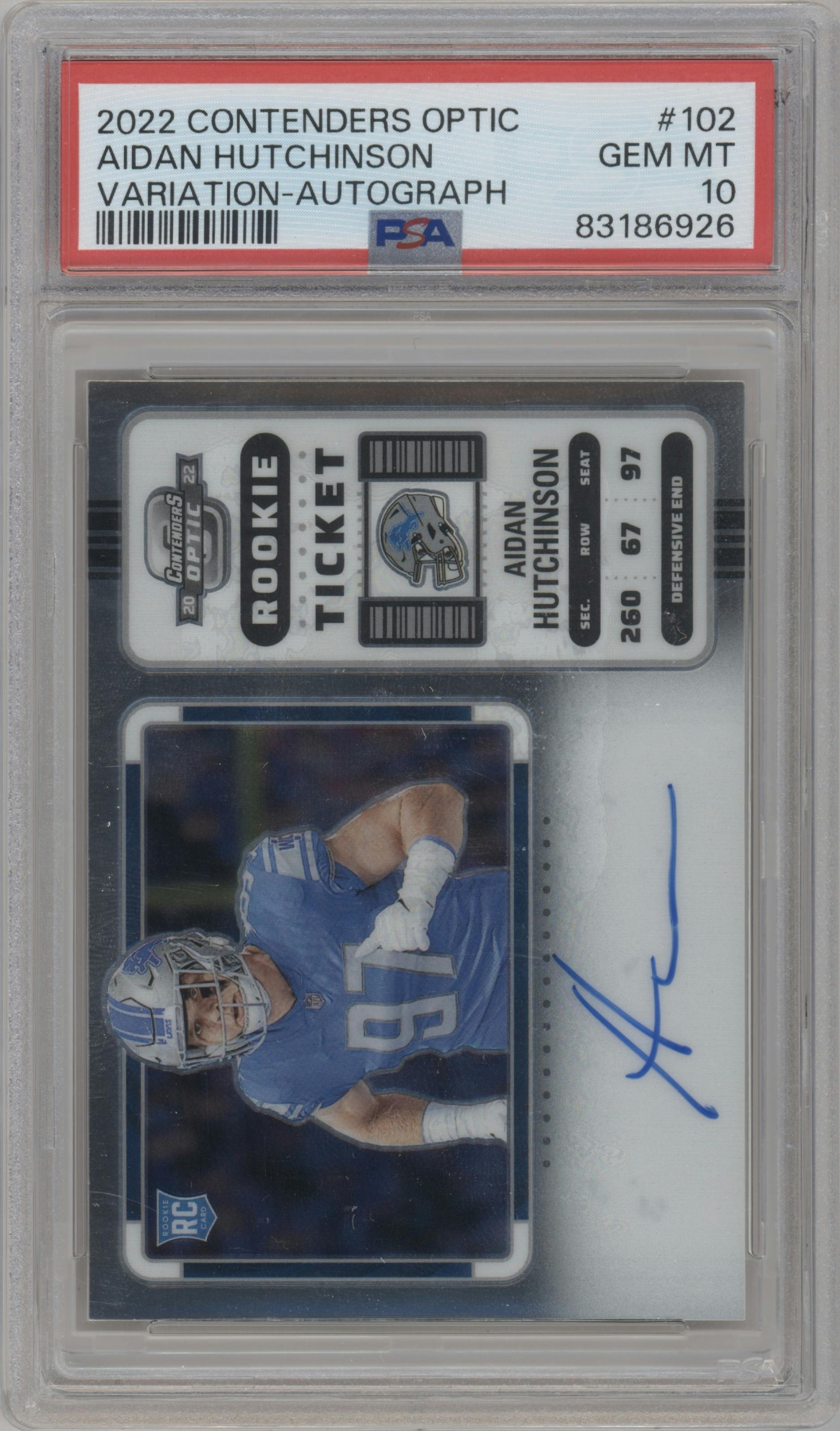Aidan Hutchinson from the 2022 Panini Contenders Optic set graded by PSA and given an overall grade of 10.