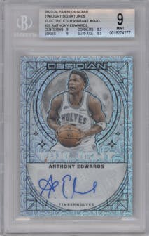 Anthony Edwards from the 2023-24 Panini Obsidian set featuring a Electric Etch Vibrant Mojo parallel graded by Beckett and given an overall grade of 9.