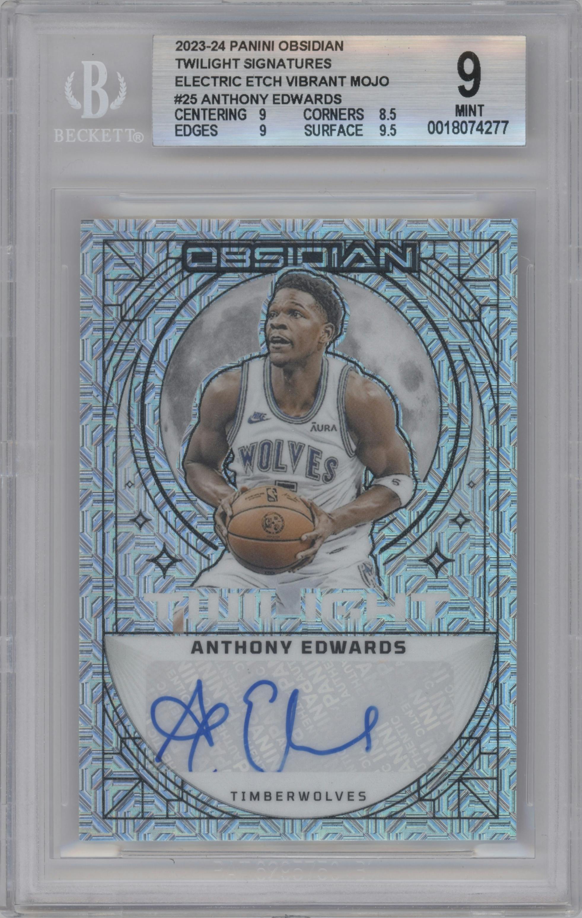 Anthony Edwards from the 2023-24 Panini Obsidian set featuring a Electric Etch Vibrant Mojo parallel graded by Beckett and given an overall grade of 9.