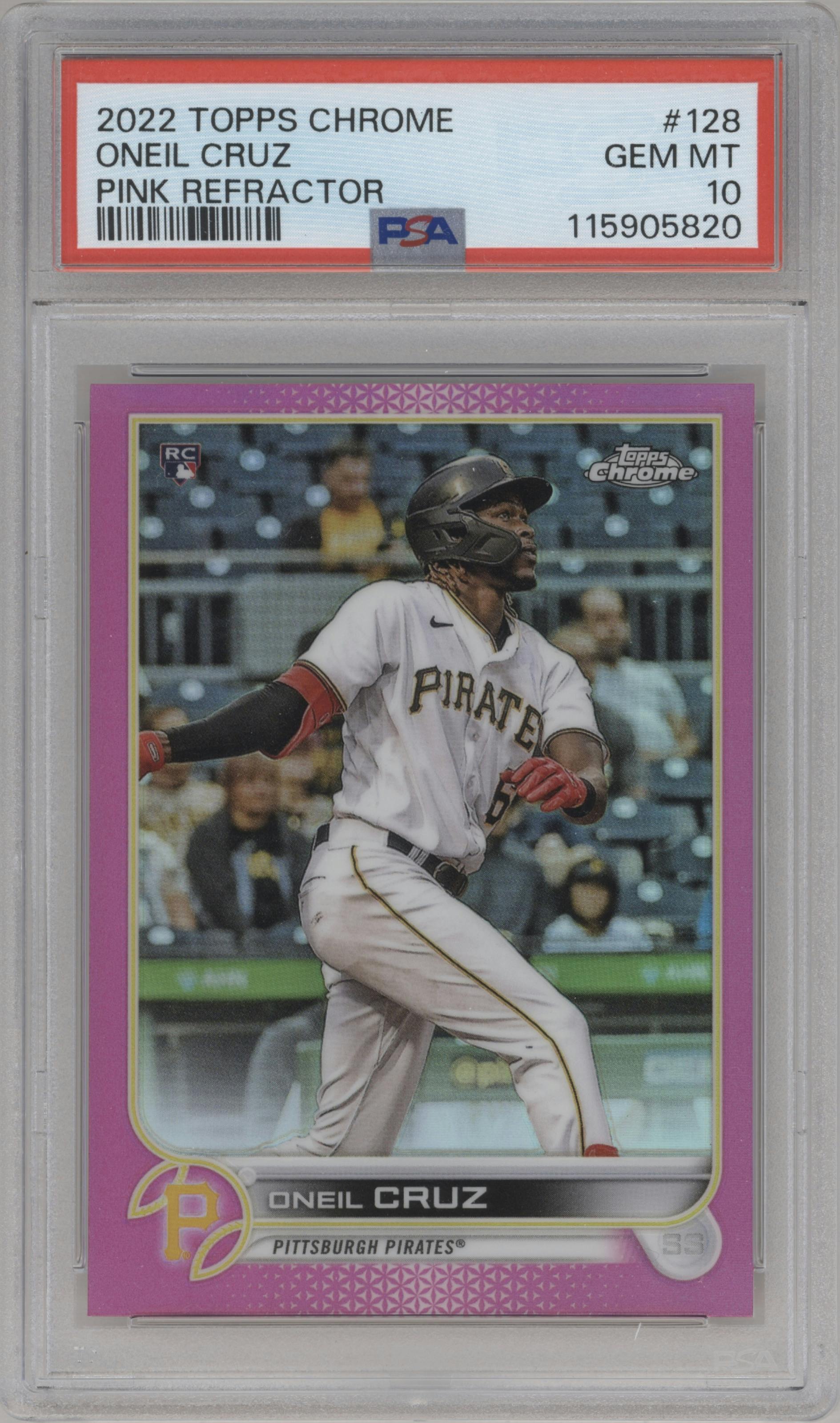 Oneil Cruz from the 2022 Topps Chrome set featuring a Pink Refractor parallel graded by PSA and given an overall grade of 10.