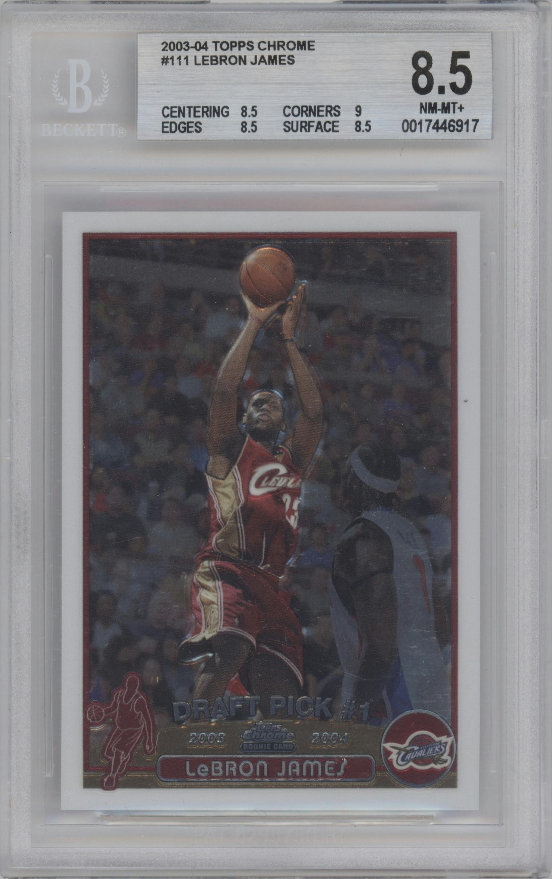 LeBron James from the 2003-04 Topps Chrome set graded by Beckett and given an overall grade of 8.5.