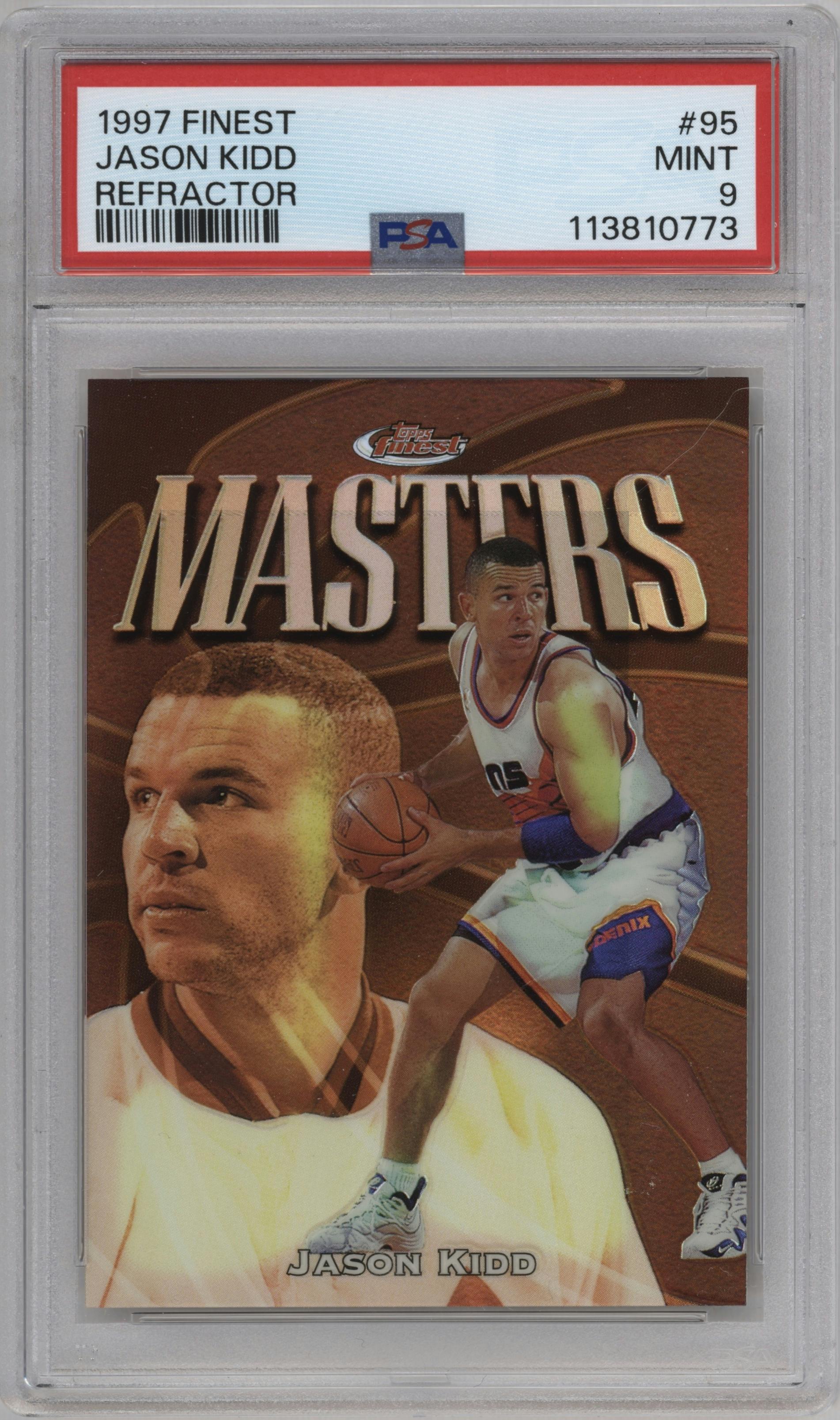 Jason Kidd from the 1997-98 Topps Finest set featuring a Refractor parallel graded by PSA and given an overall grade of 9.