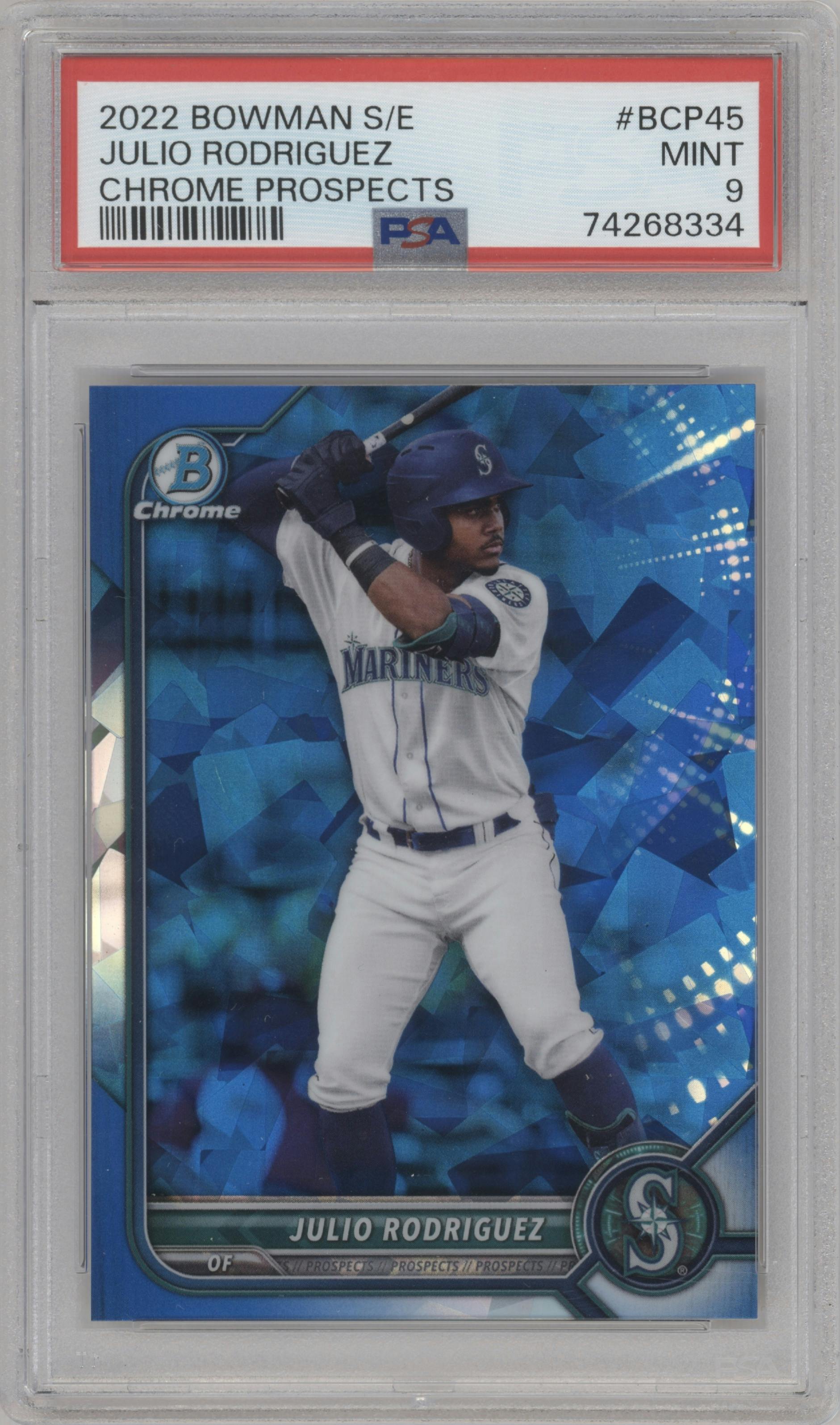 Julio Rodriguez from the 2022 Bowman Sapphire Edition set graded by PSA and given an overall grade of 9.