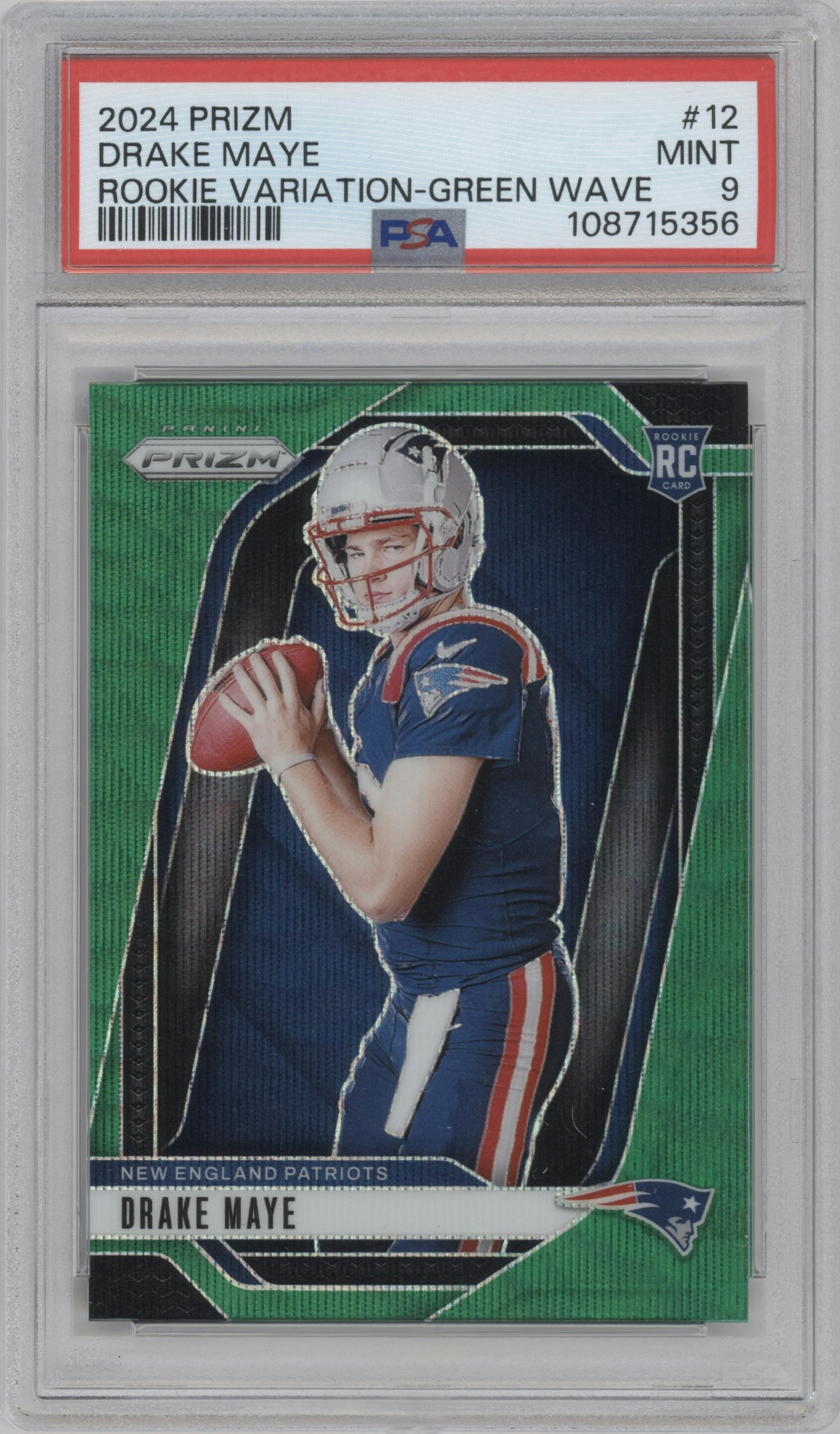 Drake Maye from the 2024 Panini Prizm set featuring a Green Wave parallel graded by PSA and given an overall grade of 9.