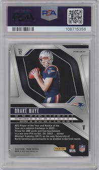 Drake Maye from the 2024 Panini Prizm set featuring a Green Wave parallel graded by PSA and given an overall grade of 9.