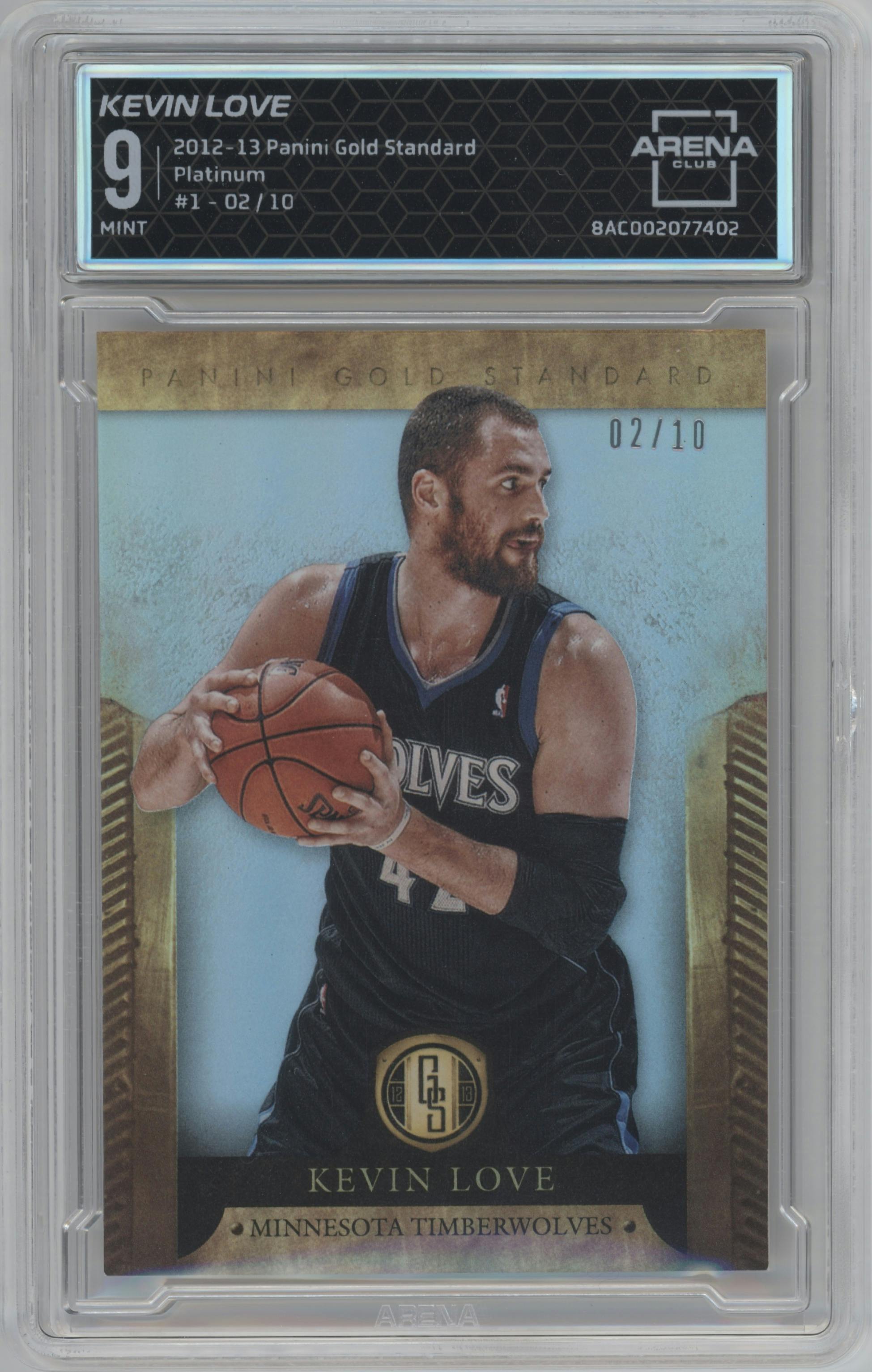 Kevin Love from the 2012-13 Panini Gold Standard Basketball set featuring a Platinum parallel graded by Arena Club and given an overall grade of 9.