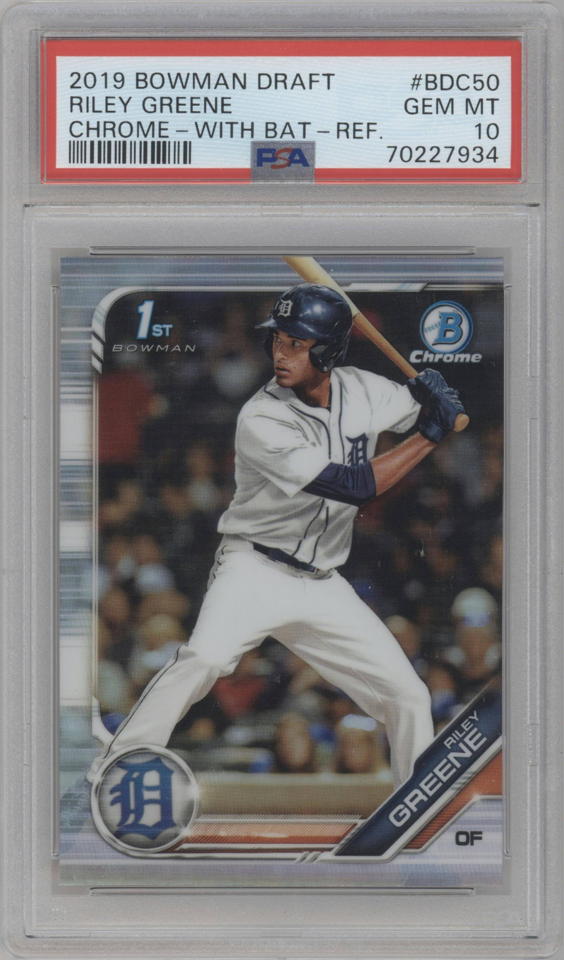 Riley Greene from the 2019 Bowman Draft set featuring a Refractor parallel graded by PSA and given an overall grade of 10.