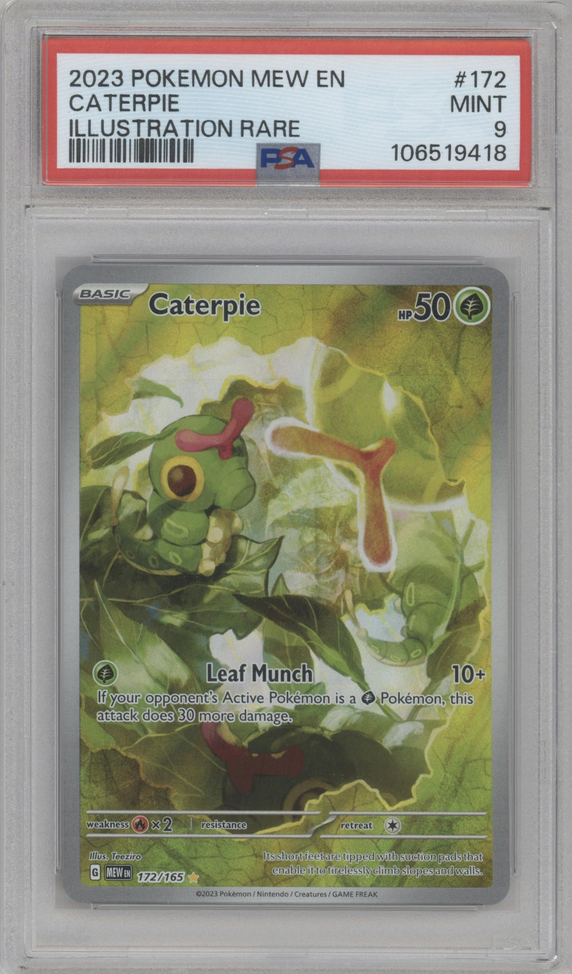 Caterpie from the 2023 Pokemon SV set graded by PSA and given an overall grade of 9.
