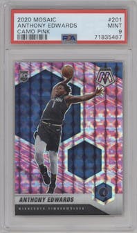 Anthony Edwards from the 2020-21 Panini Mosaic set featuring a Pink Camo parallel graded by PSA and given an overall grade of 9.
