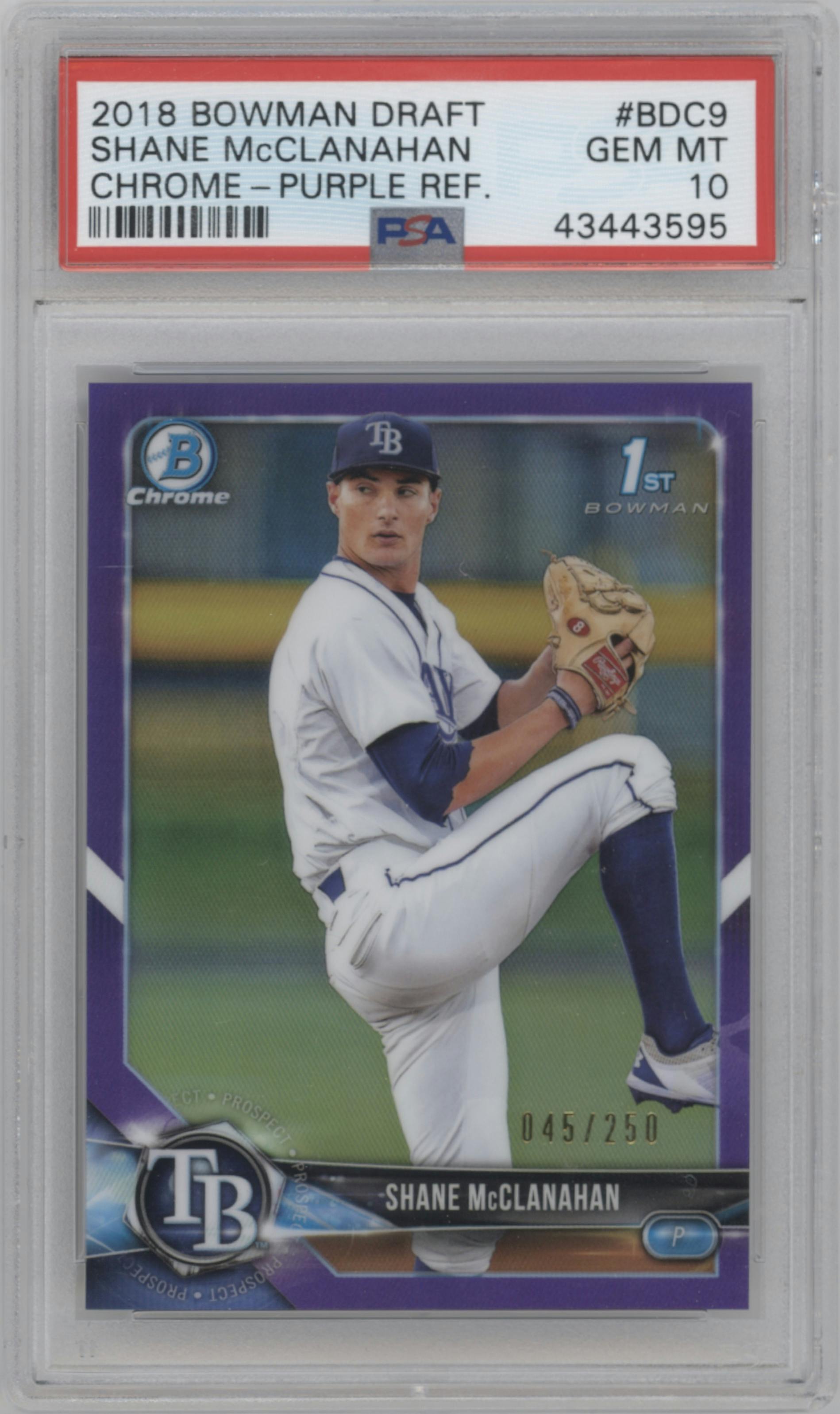 Shane McClanahan from the 2018 Bowman Draft set featuring a Purple Refractor parallel graded by PSA and given an overall grade of 10.