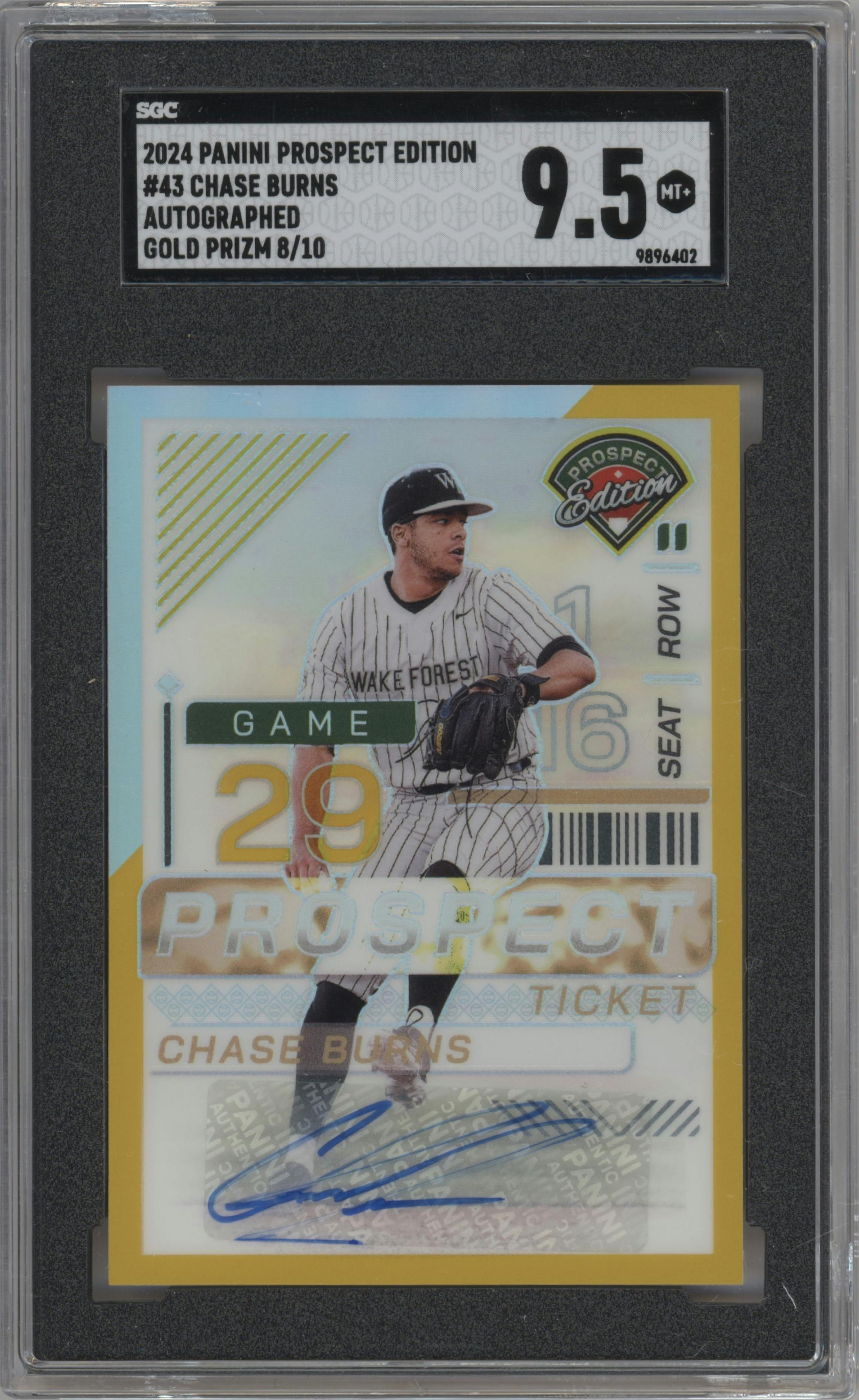 Chase Burns from the 2024 Panini Prospect Edition set featuring a Gold Holo parallel graded by SGC and given an overall grade of 9.5.