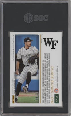 Chase Burns from the 2024 Panini Prospect Edition set featuring a Gold Holo parallel graded by SGC and given an overall grade of 9.5.