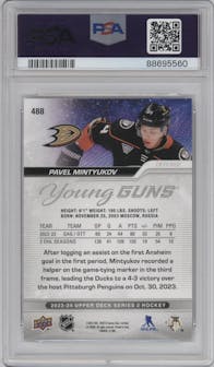 Pavel Mintyukov from the 2023-24 Upper Deck Series 2 set graded by PSA and given an overall grade of 10.