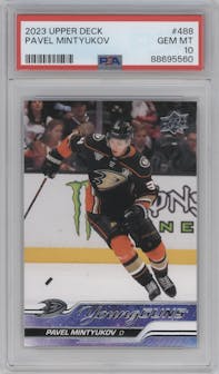 Pavel Mintyukov from the 2023-24 Upper Deck Series 2 set graded by PSA and given an overall grade of 10.