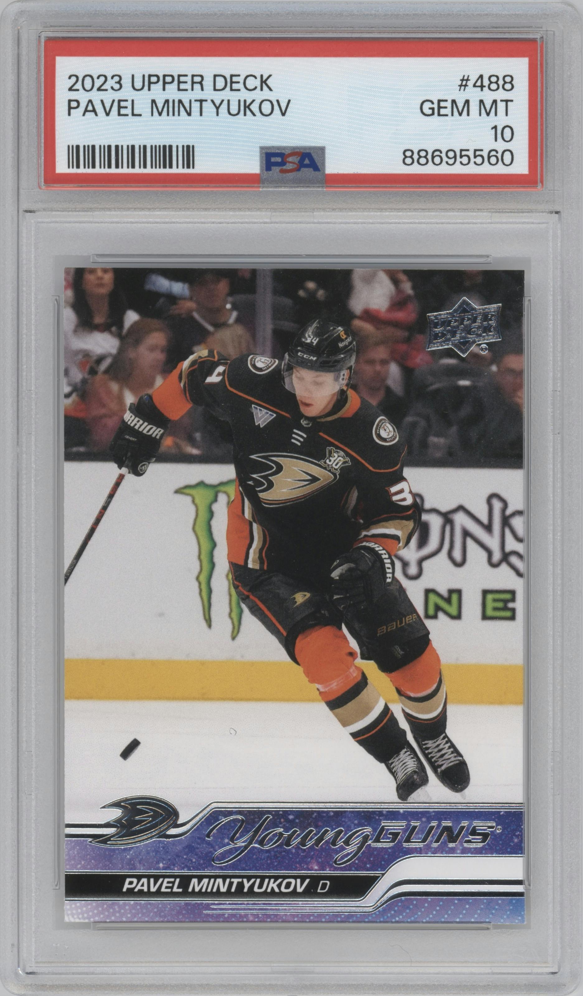 Pavel Mintyukov from the 2023-24 Upper Deck Series 2 set graded by PSA and given an overall grade of 10.