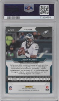 Jalen Hurts from the 2020 Panini Prizm set featuring a Green Prizm parallel graded by PSA and given an overall grade of 10.