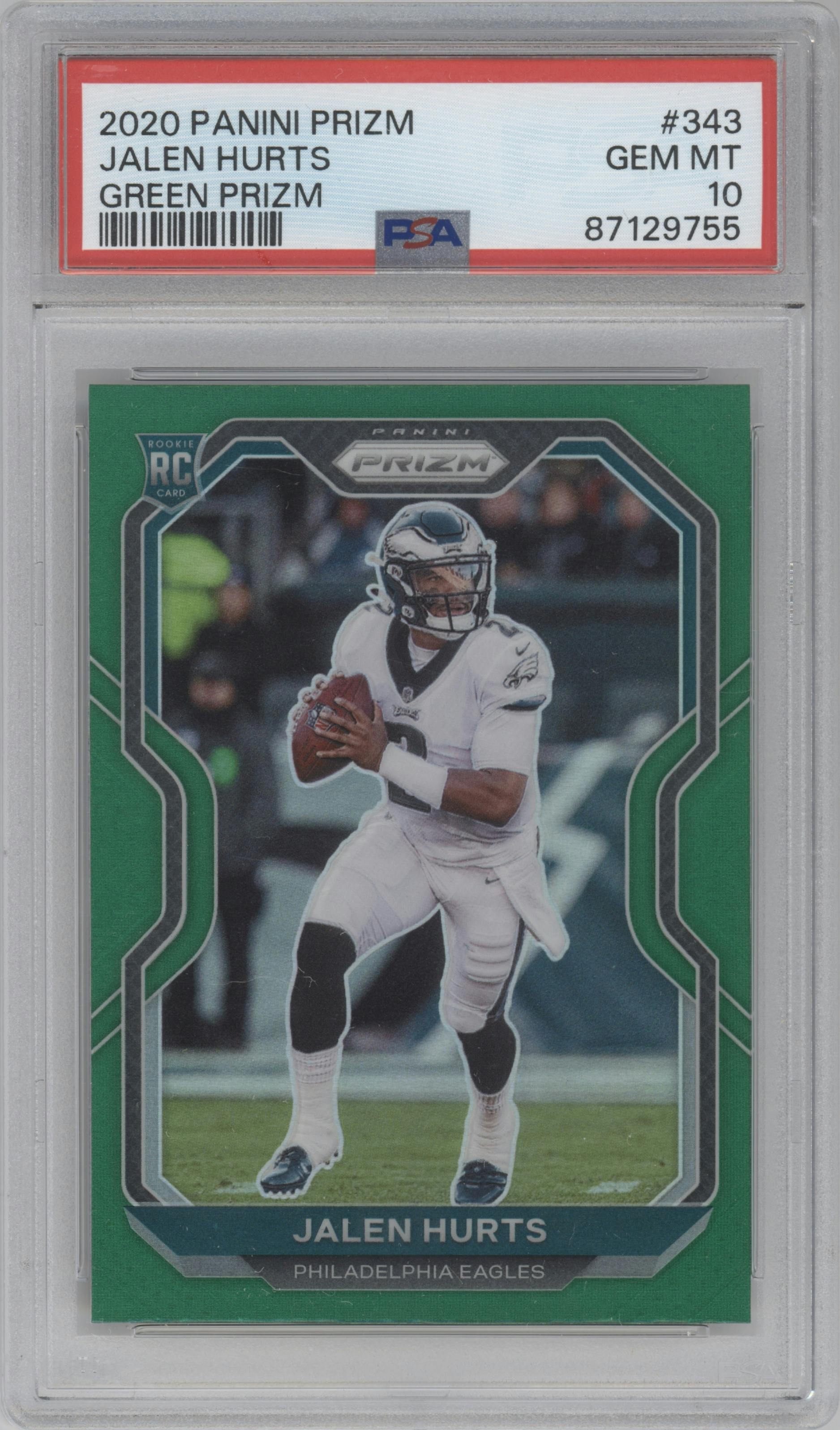Jalen Hurts from the 2020 Panini Prizm set featuring a Green Prizm parallel graded by PSA and given an overall grade of 10.