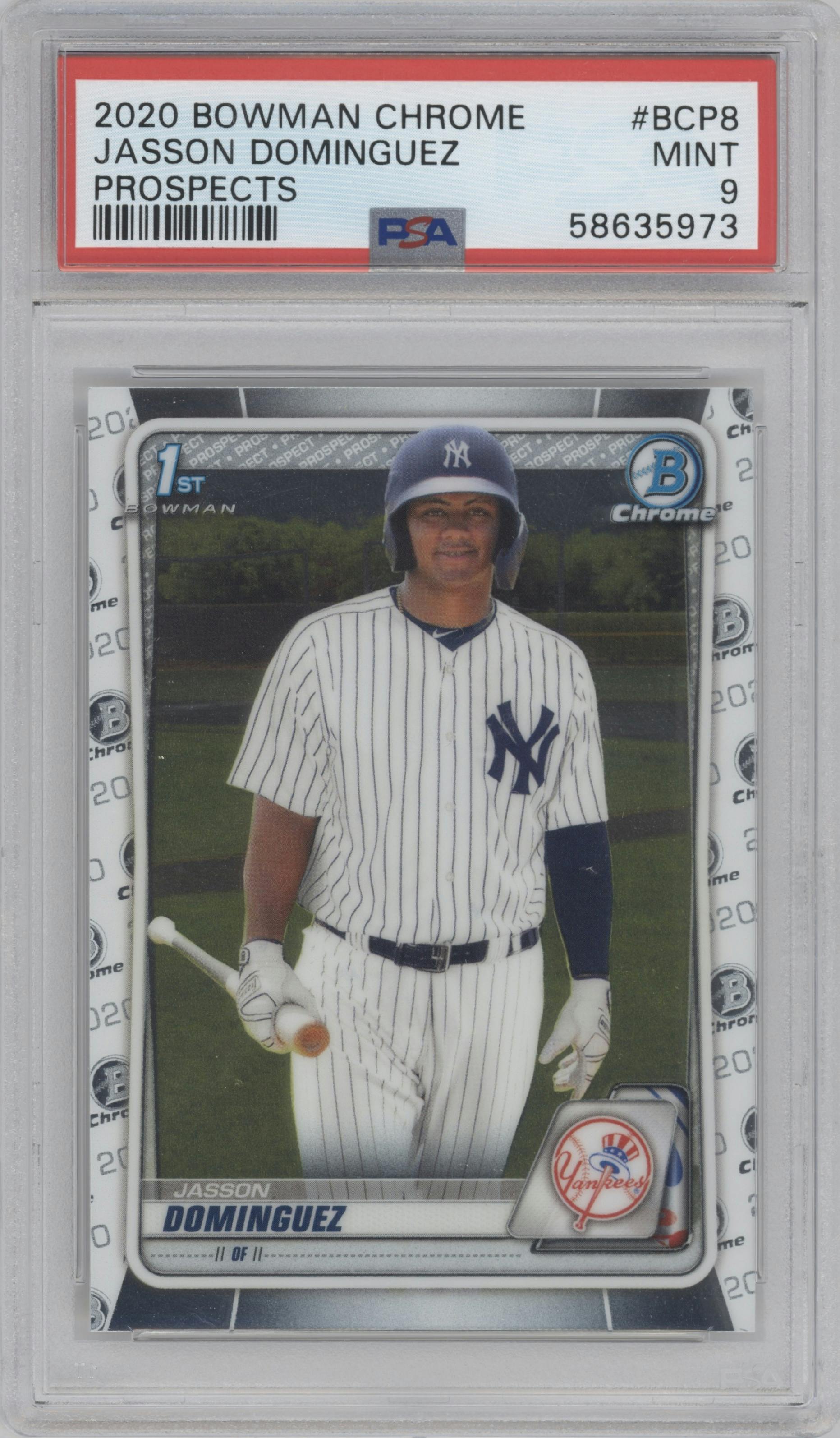 Jasson Dominguez from the 2020 Bowman set graded by PSA and given an overall grade of 9.